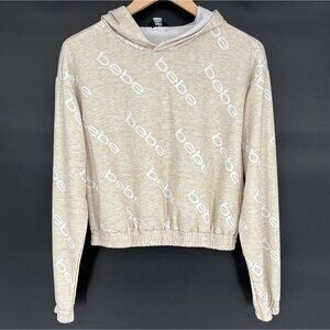 Bebe Women's Lightweight Cropped Hooded Sweatshirt L Beige Activewear Loungewear